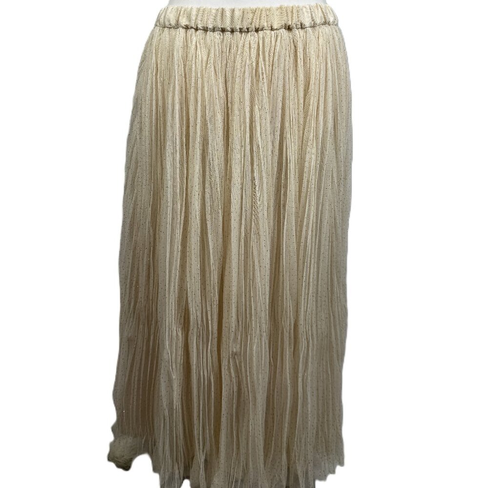 NWT H&M Tulle Cream & Gold Pleated Maxi Skirt Elastic Shimmer Waist Size Medium - Picture 2 of 9